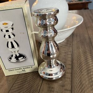 NEW 9 inch GLASS PEDESTAL TAPER CANDLE HOLDER SILVER COLOR Easter Dinner Table